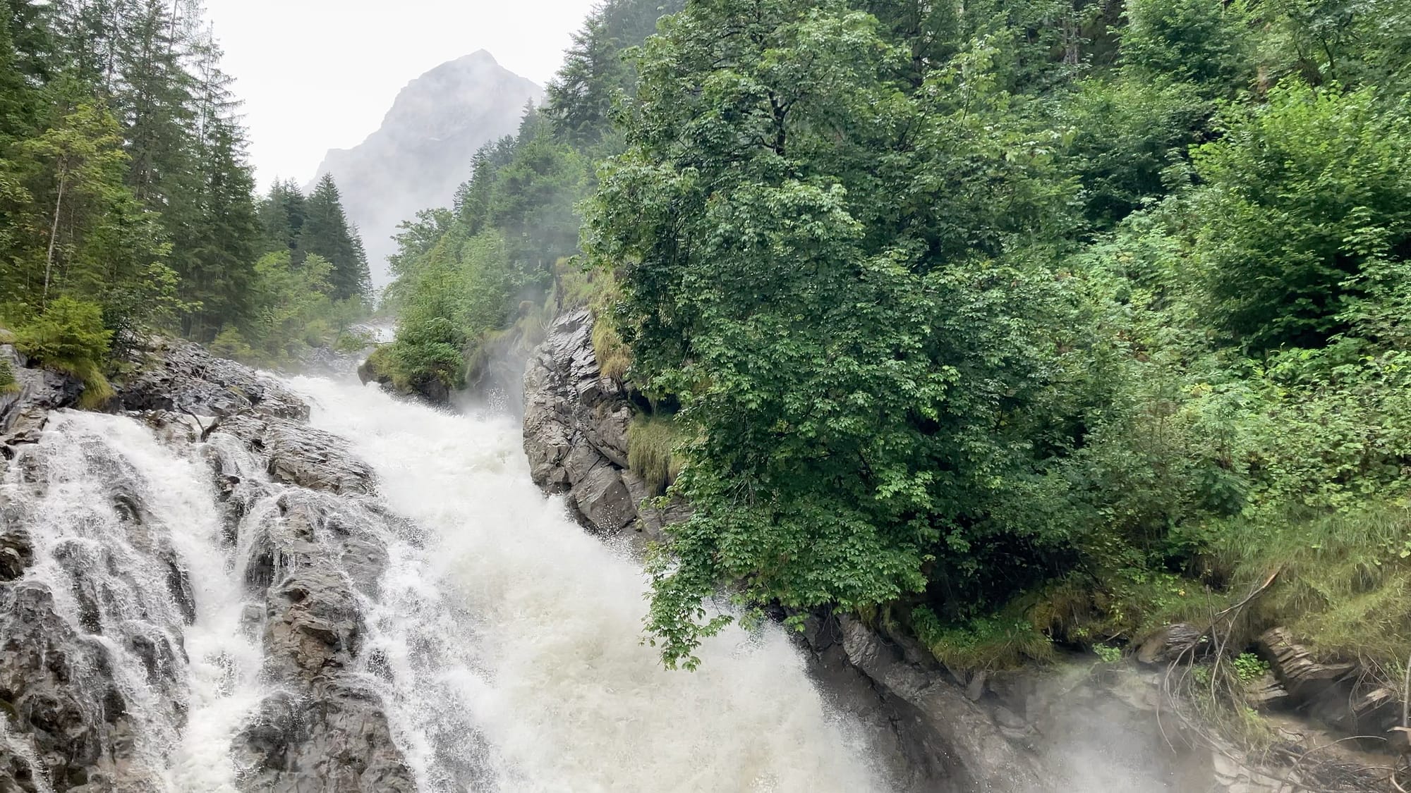 The white water of the Simmenfälle tumbles down a rocky gully lines with greenery.