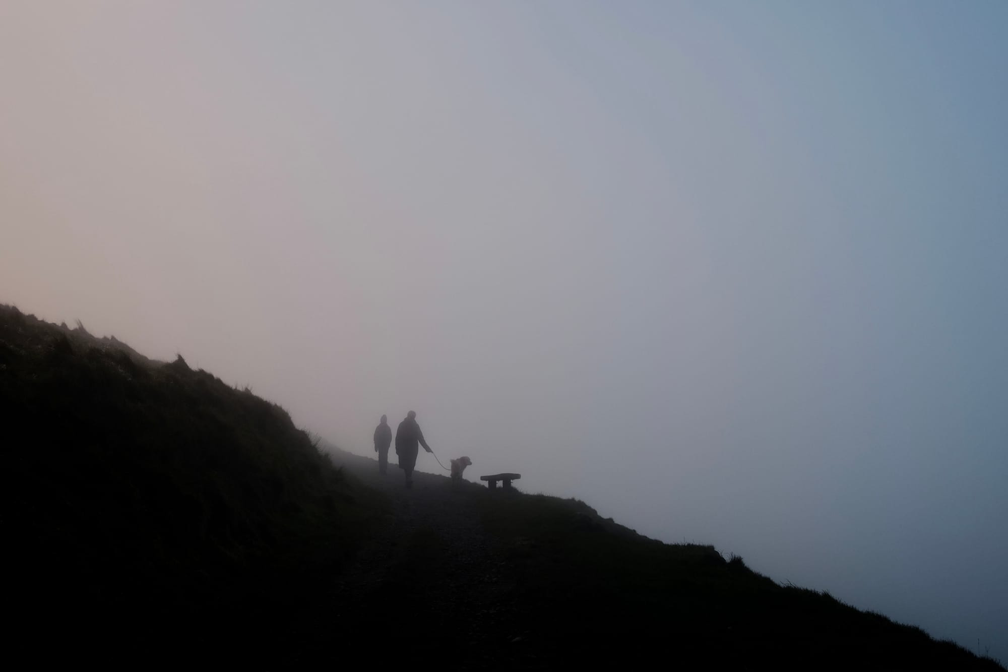 The silhouettes of two people and a dog walk up a hillside path in low cloud