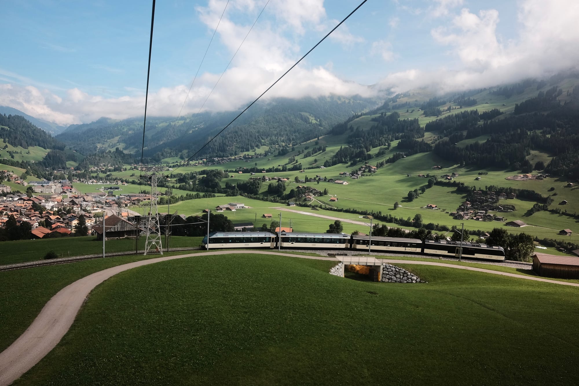 Viewed from a cable car, a white and black train snakes up a steep track in a lush green Swiss valley.