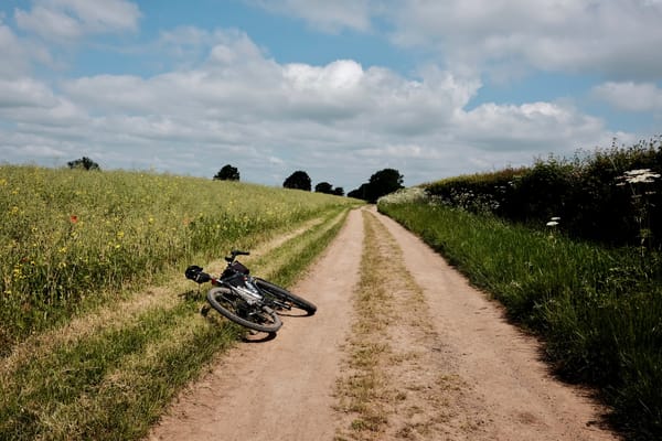 A bike lays on the grassy verge of a dusty earth track that stretches into the distant trees.