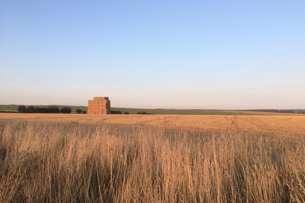 A large stuck of golden straw bales stands in a recently harvested field against a pale blue sky.